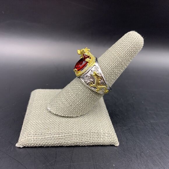 Dragon Ring Size 8 Two Tone Silver Gold Color Red Glass Stone Chunky Bold - Picture 4 of 9